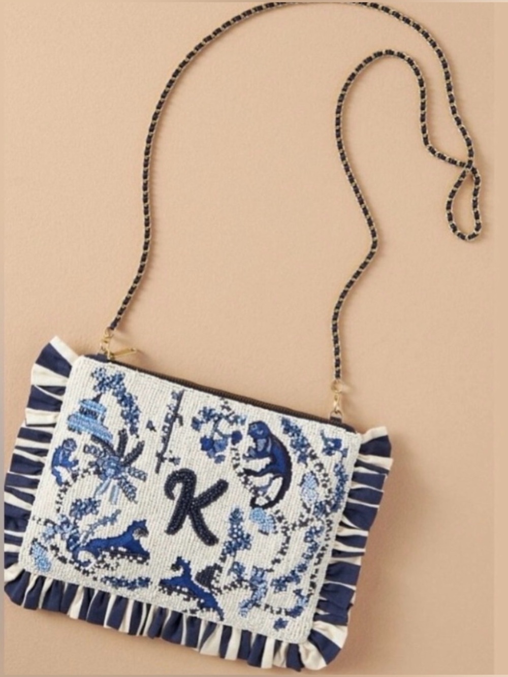 NWT Anthropologie x Anna Harlow Russo Beaded Monogram Clutch Purse Letter K
